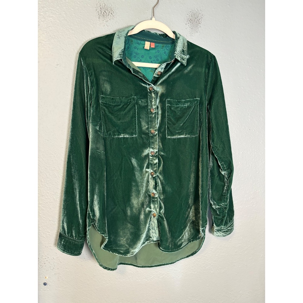 Pilcro Anthropologie Green Velvet Relaxed Button Down Hadley Shirt Small - Picture 4 of 10